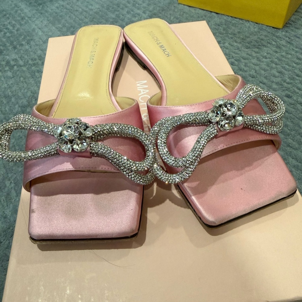 Mach & Mach Pink Satin Slide Sandals with Crystal Bow - Picture 4 of 7